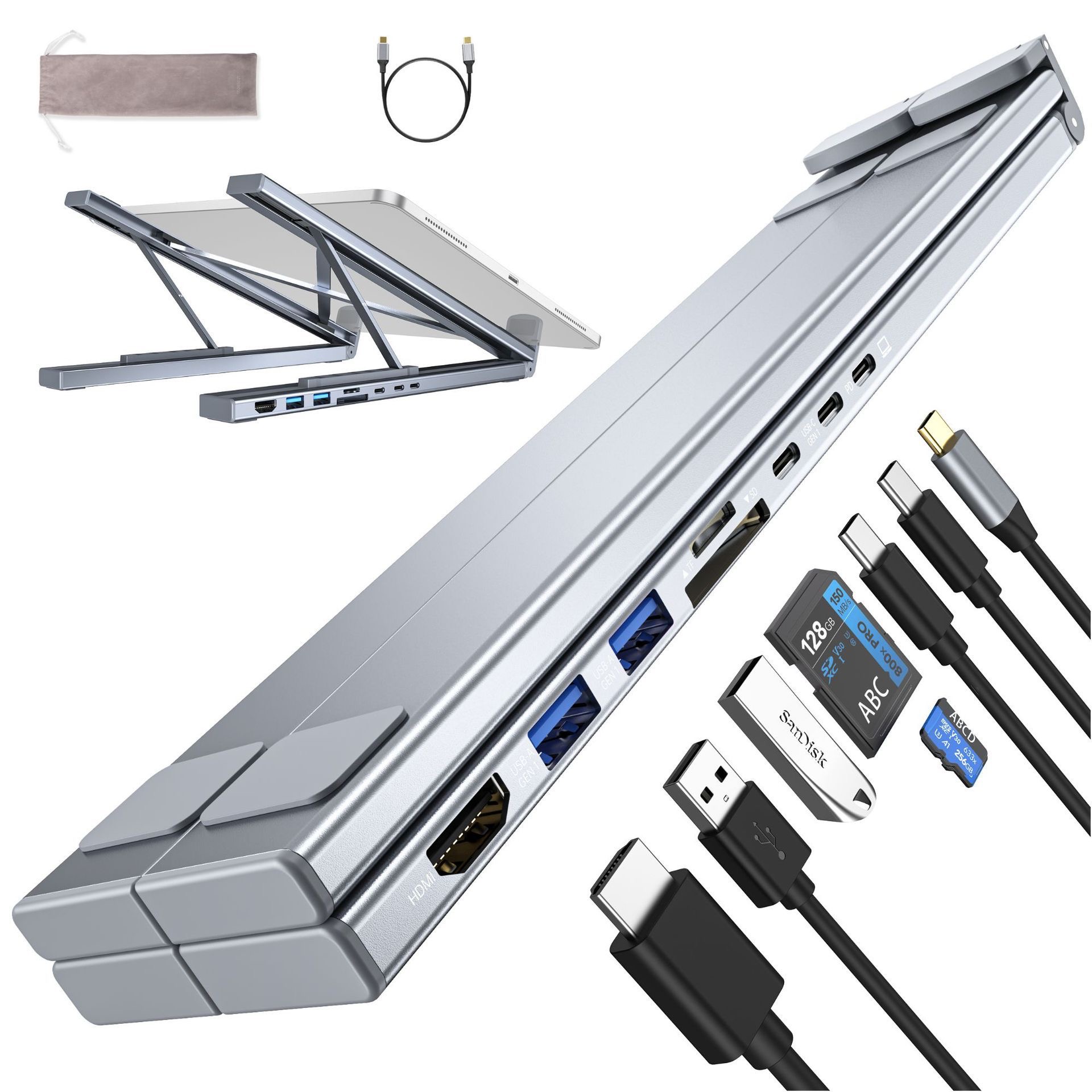 laptop holder stand 5&8 ports usb c hub aluminium adjustable hd 4k usb3.0 multifunction 8 in 1 usb c hub laptop stand